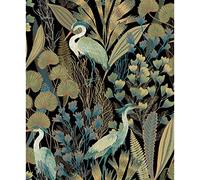 Grandeco Tropical Crane Black Textured Wallpaper 10m x 53cm, Black