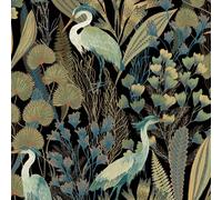 Grandeco Tropical Crane Foliage Textured Wallpaper in Black Grandeco Black