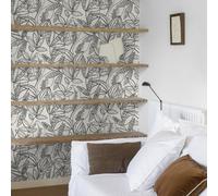 Grandeco Valadera Stitched Sketched Leaves Blown Vinyl Wallpaper, Black White, White