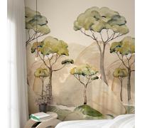 Grandeco Watercolour Ravello Trees Mountain Landscape 3 panel repeatable Mural 1.59 x 2.8m, Green Beige