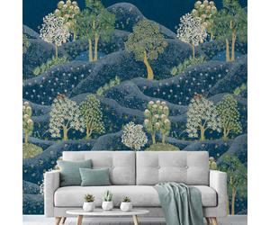 Grandeco Whimsy Landscape Scene 3 Panel Repeatable Wallpaper Mural, 1.59 X 2.8M, Navy