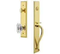 Grandeur 844582 Hardware Carre' One-Piece Handleset with S Grip and Baguette Clear Crystal Knob in Lifetime Brass, Size, Single Cylinder Lock-2.75" Backset