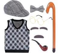 Grandfather Set Halloween Old Man Costume Set Grandpa Hat Pipe Glasses Eyebrows Moustache for 100th Day of School