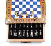 GrandGiftStore Handmade Chess Set With Storage, Marble Design Wooden Chess Set, Stylish Metal Chess Pieces/Blue