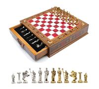 GrandGiftStore Handmade Chess Set With Storage, Marble Design Wooden Chess Set, Stylish Metal Chess Pieces/Red