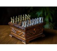 GrandGiftStore Handmade Wooden Chess Box with Hidden Key, Special Designed Wooden Chess Set, Premium Chess Set / 20x20 Cm