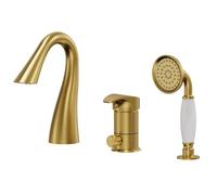 GRANDJOY Brushed Gold 3-Hole Deck Mount Bathtub Faucet with Hand Shower, Single Handle High Arc Gooseneck Spout, Solid Brass Tub Filler, Roman Bath Mixer Tap Set