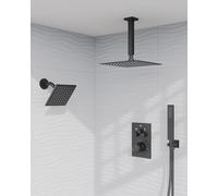 GRANDJOY Thermostatic Shower System, Dual Rainfall Shower Heads for Ceilling & Wall Mounted with Handheld Sprayer, Matte Black