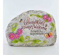 'Grandkids Always Welcome' Grey Resin Stone Garden Decor Gift Idea Accessory Novelty Grandparents Home H11.5cm