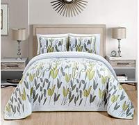 GrandLinen - 3-Piece Fine Printed Lightweight Oversize (115 X 92) Vine and Leaf Pattern Super King Size Quilt Set Reversible Bedspread Coverlet Bed Cover in Sage Green, White and Grey