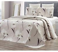 GrandLinen - 3-Piece Fine Printed Oversize (115 X 95) Quilt Set Reversible Bedspread Coverlet King Size Bed Cover (Taupe, Brown, White Tulip Floral)