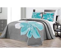 GrandLinen - 3-Piece Fine Printed Oversize (118 X 95) Quilt Set Reversible Bedspread Coverlet (California) Cal King Size Bed Cover (Aqua Blue, Grey, White Hibiscus Floral)