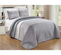 GrandLinen - 3-Piece Fine Printed Oversized King Size (115 X 95) Light Weight Quilt Set Reversible Bedspread All-Season Coverlet Bed Cover (Grey, Teal Blue, White, Stripe)