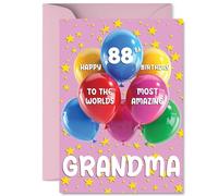 Grandma 88th Birthday Card - Worlds Most Amazing - Happy Birthday Card for 88 Year Old Grandma from Grandson Granddaughter, A5 Balloons and Stars Bday Greeting Cards