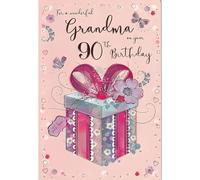 Grandma 90th Birthday Card - Age 90 - Wonderful Grandma - Butterflies and Flowers - Special Finishes and Illustrated Insert Leaf - Made in the UK