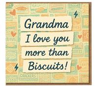 Grandma Birthday Card - I Love You More Than Biscuits - Cute Retro Biscuit Pattern with Hearts, Fun Card for Nan, Granny or Gran