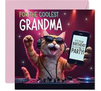 Grandma Birthday Card - Party DJ Cat - Happy Birthday Card for Grandma from Grandson Granddaughter, 145mm deejay cat Bday Greeting Cards