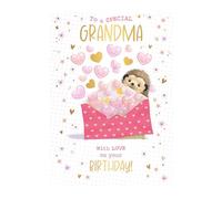 Grandma Birthday Card - Special Grandma - Hedgehog and Love Hearts Design - Special Finish and Illustrated Insert Leaf - Made in the UK - Eco-Friendly