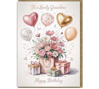 Grandma Birthday Card - To a Lovely Grandma, Balloons & Floral Gift Design - Large A5 Size Greeting Card with Kraft Envelope - Thoughtful Nan/Nana Present