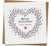 Grandma Christmas Card - Merry Christmas Lovely Grandma, Heart Wreath Design, Square 145mm x 145mm Greeting Card with Kraft Envelope
