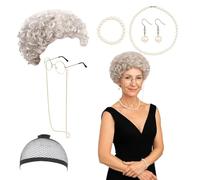 Grandma Costume, 7-Piece Set with Wig, Glasses and Pearl Accessories, Grandma Apron, Smock Apron, Grandma Wig, Grey, Wigs Accessories, Ideal for Halloween, World Book Day and Carnival