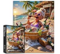 Grandma Drinking on the Beach 1000 Piece Jigsaw Puzzles for Adults Summer Beach Art Puzzle Challenging Family Activity Games Colorful DIY Craft Puzzle for Home Decor Gifts 20×27 Inches