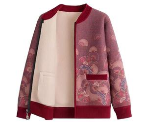 Grandma Fall Winter Cardigans Jacket Middle-Aged Elderly Women's Senior Fleece Knitted Sweater Outerwear Tops Thermal Coats(Red,M)