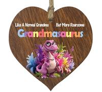 Grandma Gifts - Roarsome Grandmasaurus Wooden Heart Plaque - Happy Birthday Gifts for Grandma from Grandson Granddaughter, Dinosaur Mother's Day Presents, Dark Wood Sign Keepsake