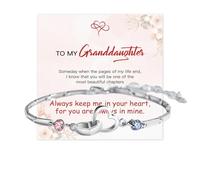 Grandma & Granddaughter Forever Linked Together Birthstone Custom Double Cubic Zirconia and Heart Bracelet, Personalized Double Heart Bracelet Jewelry Gift for Granddaughter from Grandma