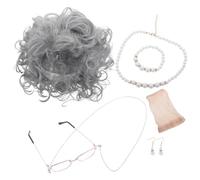 Grandma Halloween Costume Set with Curly Wig, Glasses and Chain | Pearl Necklace, Bracelet and Earrings, Vintage Plastic Accessories for 100th Day of School Theatre Plays