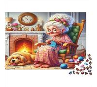 Grandma Jigsaw Puzzles Knitting by Fireplace 1000 Piece Recycled Paper for Adults Puzzle Impossible Challenge Decompression Home Activity Gift Idea 52x38cm/1000pcs