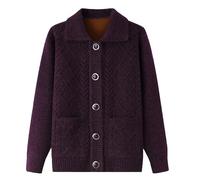 Grandma Middle-Aged And Elderly Women's Knitted Cardigan Sweaters Thick Warm Plus Size Fleece Coat Long Sleeve Tops Outwear(Velvet lining Purple,L)