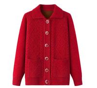 Grandma Middle-Aged And Elderly Women's Knitted Cardigan Sweaters Thick Warm Plus Size Fleece Coat Long Sleeve Tops Outwear(Velvet lining Red,XXL)
