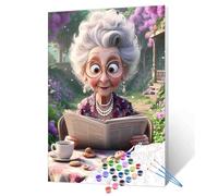 Grandma Reading Newspaper Paint by Numbers for Adults Beginner Afternoon Tea Oil Painting Kits on Canvas with Brushes and Acrylic Painting Garden Crafts DIY Home Wall Decor 16X20 Inch (Frameless)