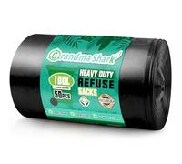 GRANDMA SHARK 100L Heavy Duty Bin Bags, Recycled Material Refuse Sacks, Strong 33 Micron Black Bin Bags, 50 Pack for Home & Commercial Waste Disposal, Durable & Leak-Proof
