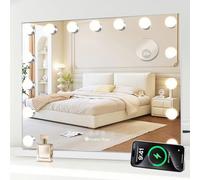 GRANDMA SHARK Hollywood Vanity Mirror with Lights, 58 x 48cm Makeup Mirror with 15 Dimmable LED Bulbs, USB and Type-C Output Ports, 3 Color Modes, Touch Control, Cosmetic Lighted up Mirror For Bedroom