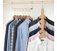 GRANDMA SHARK Space Saving Hangers 4 Pack - Premium Wood 6-Tier Collapsible Clothes Hanger with 360° Swivel Hook for Wardrobe Organisation (Natural)