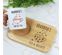 Grandma's Tea & Biscuits Board & Mug Set, Wooden Treat Board with Cup of Tea Mug, Snack Tray, 350ml Coffee Mug, Mother's Day, Birthday Gifts for Grandma