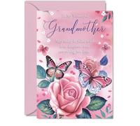 Grandmother Birthday Card - Pink Rose Butterfly - Beautiful Happy Birthday Card for Grandmother from Granddaughter Grandson, 5x7 Inch Female Floral Bday Mothers Day Greeting Cards