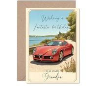 Grandpa Birthday Card - Red Sports Car - Happy Birthday Card for Grandpa from Grandson Granddaughter, 5x7 Inch Countryside Landscape Bday Greeting Cards