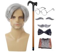 Grandpa Costume, 8PCS/Set Artificial Eyebrow Wig Cap Glasses Men's Wig | Old Man Costume for Halloween Christmas Cosplay Theme Party