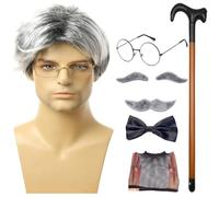 Grandpa Costume, 8PCS/Set Artificial Eyebrow Wig Cap Glasses Men's Wig | Old Man Costume for Halloween Christmas Cosplay Theme Party