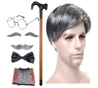 Grandpa Costume, 8PCS/Set Artificial Eyebrow Wig Cap Glasses Men's Wig | Old Man Costume for Halloween Christmas Cosplay Theme Party