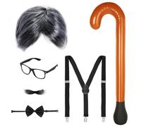 Grandpa Costume Set Old Man Cosplay Set Wig Men's Moustache to Stick on Wig Cap Grandpa Glasses Inflatable Walking Stick Cosplay Accessories for Halloween Carnival Party