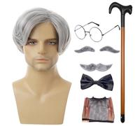 Grandpa Wig Mustache - Old Man Costume Wig Set, Cane Glasses Faux Eyebrows Artificial Mustache Bow Tie, Character Kit Creating Classic Elderly Look | For Cosplay Stage Performance Theme Party