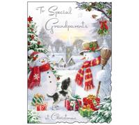 Grandparents Christmas Card - Special Grandparents - Snowmen and Puppy - Artistic Festive Design - Special Finishes and Illustrated Insert Leaf - Made in the UK