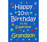 Grandson 10th Birthday Card (Blue) - From Nanna Grandad Greeting Blank Inside Envelope Included Gift Idea UK