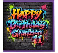 Grandson 11th Birthday Card - Colourful Graffiti Street Art Design - Fun Bright Paint Splatters - Happy Birthday Grandson Age 11