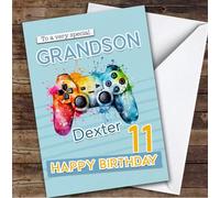 Grandson 11th Gamepad Splash Gamer Boys Custom Personalised Birthday Card - Personalised Birthday Greeting Card for Kids, Custom Birthday Card