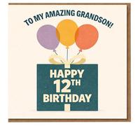 Grandson 12th Birthday Card - To My Amazing Grandson, Happy 12th Birthday, Balloons and Present Design, Colourful Kids Card for Age 12